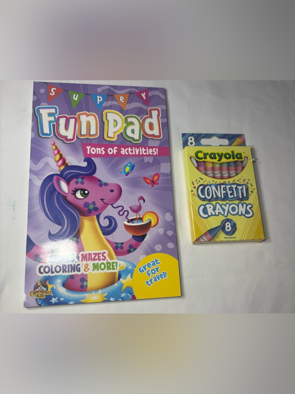 2 New Crayola Confetti Crayons 8-Pack in Bright Yellow Box with Purple Fun Pad
